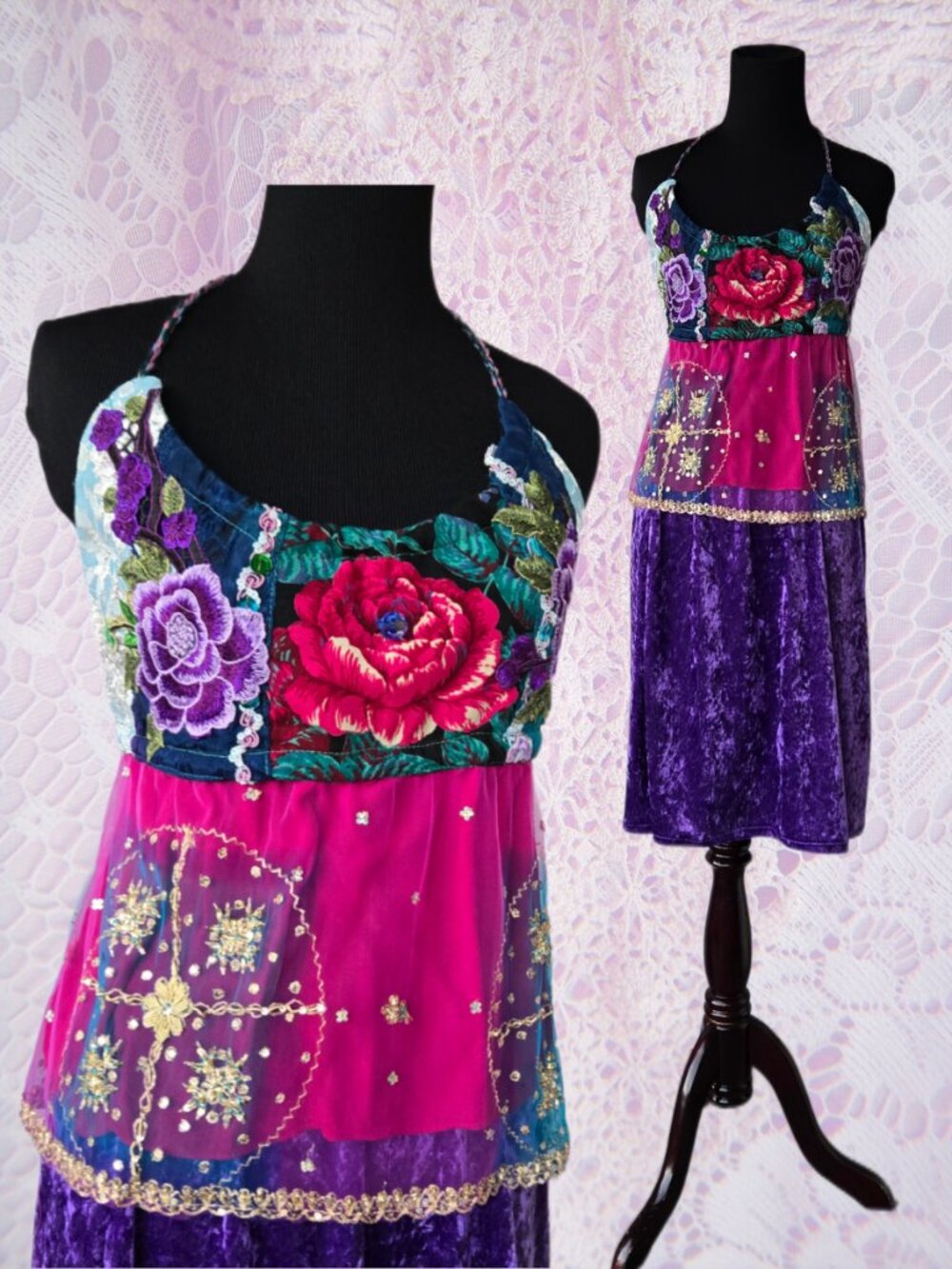 Sparkly Vintage-Style Y2K-Inspired Cobalt Blue Purple Rasberry Bikini Halter Top